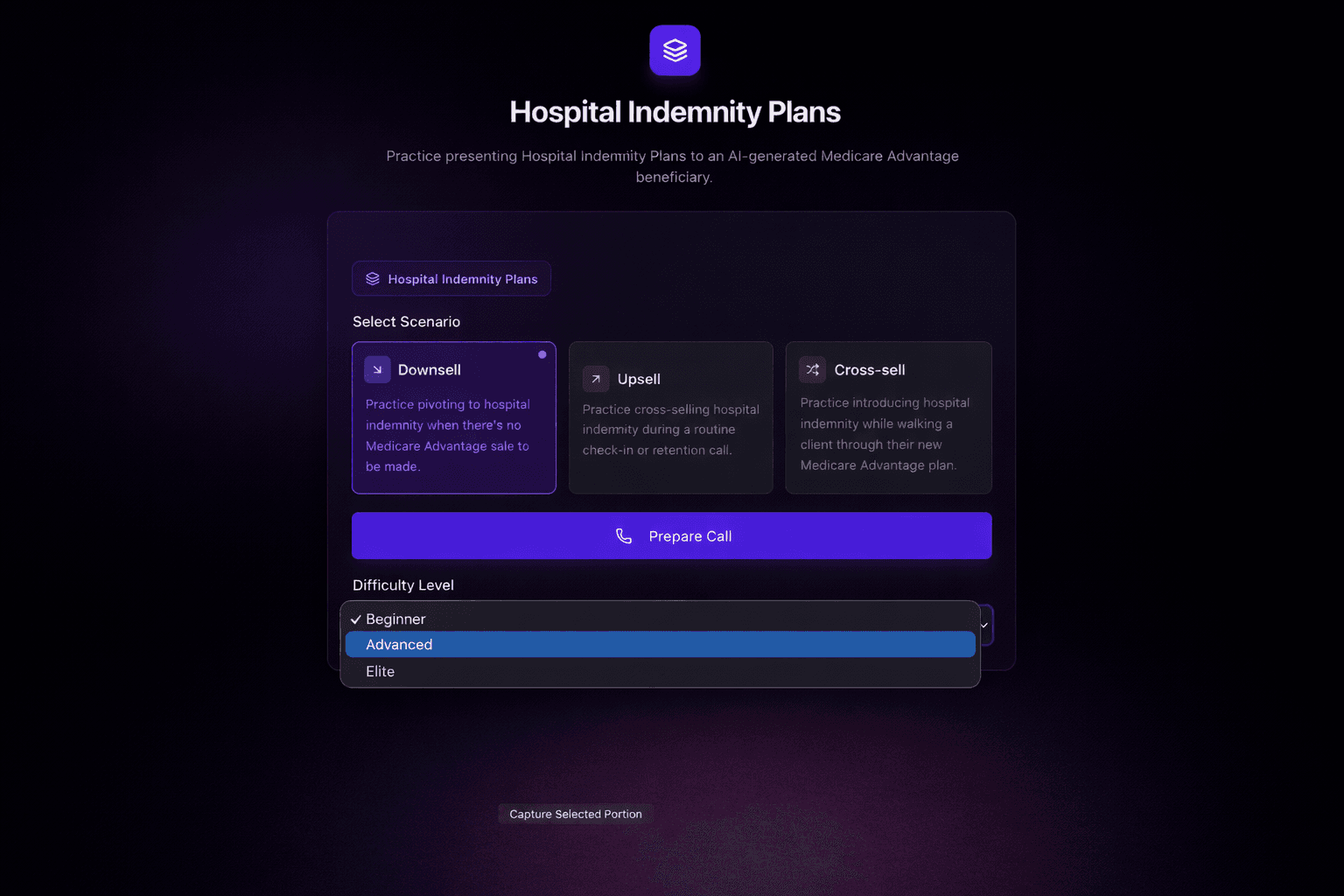 ATHOS role-play setup screen where an agent picks a scenario before starting a simulated call
