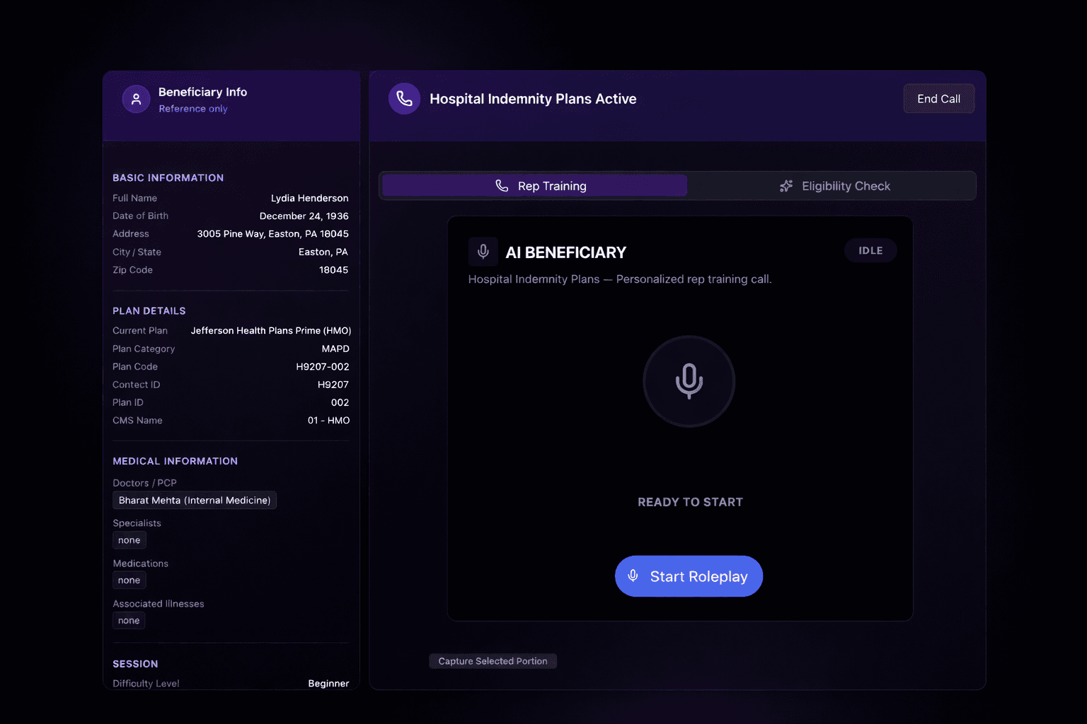 An ATHOS role-play session in progress, with the live transcript of the call against the AI prospect